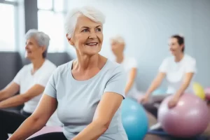 elderly woman exercising at assisted living facility with exercise balls in class