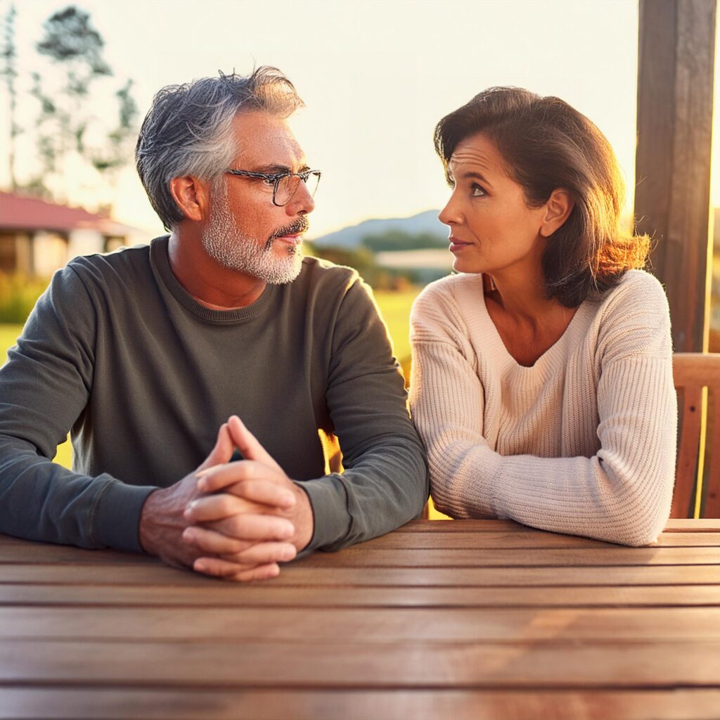 photo realistic middle aged white suburban couple at a table having a serious conversation, the man is talking and the woman is listening attentively